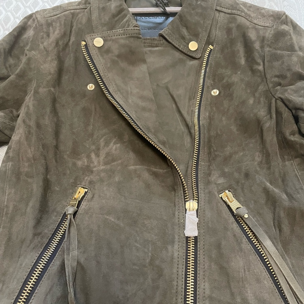 All Saints Women's Leather Jacket in Rich Brown with Gold Accents